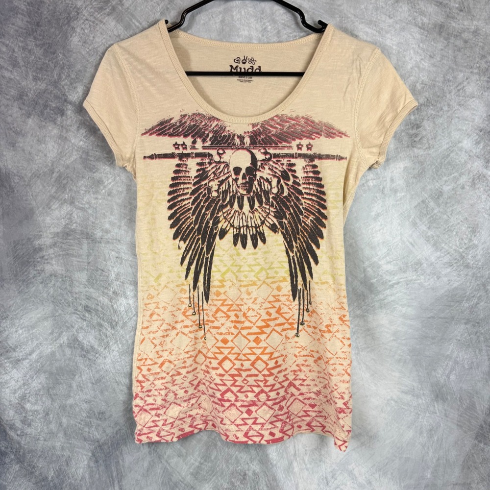 Y2K Mudd Graphic Tee Medium Aztec Beige Winged Skull Sunset Geometric Scoop Neck